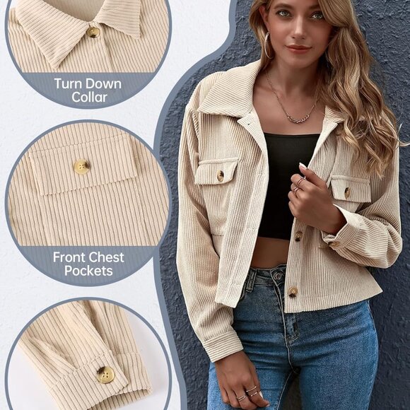 Women's Fashion Cropped Shacket Button Down Corduroy Shacket Jackets Casual Plai - Picture 4 of 5